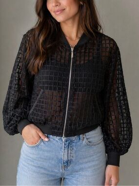 ZARA Sheer Grid Bomber Jacket Black Cropped Zip Up XL